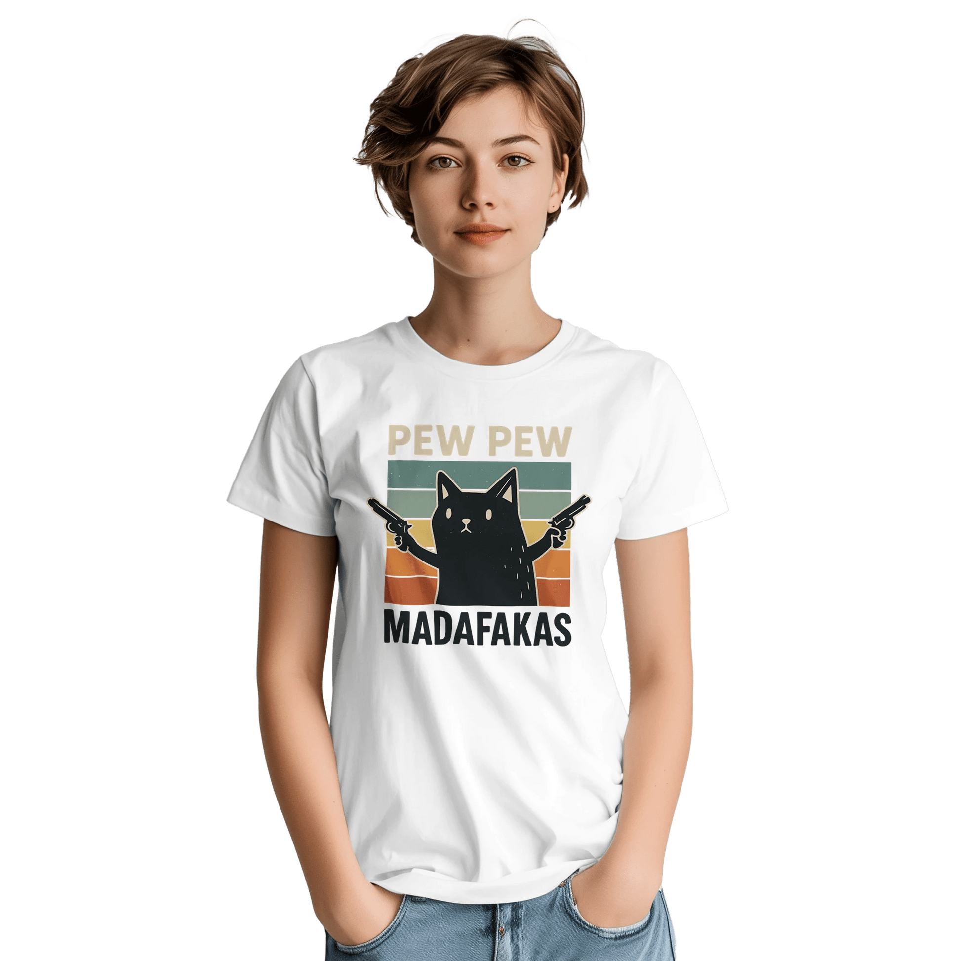 "Pew Pew Madafakas" – Funny Cat T-Shirt – Retro Meme Gun Cat Tee – Sarcastic Graphic Shirt Unisex (White) - MildPrint.store