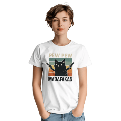 "Pew Pew Madafakas" – Funny Cat T-Shirt – Retro Meme Gun Cat Tee – Sarcastic Graphic Shirt Unisex (White) - MildPrint.store
