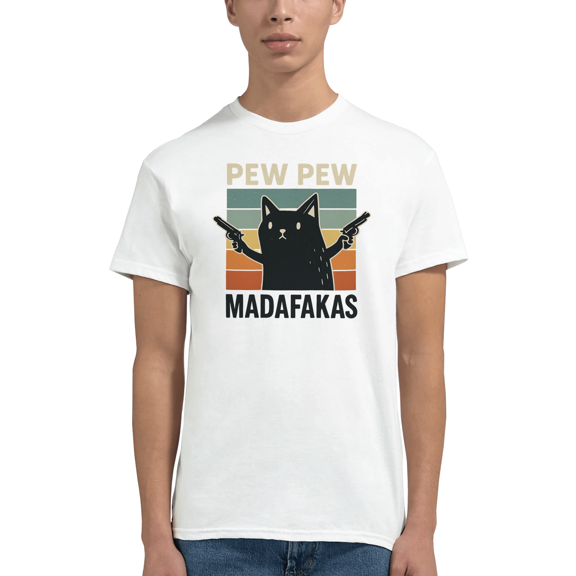 "Pew Pew Madafakas" – Funny Cat T-Shirt – Retro Meme Gun Cat Tee – Sarcastic Graphic Shirt Unisex (White) - MildPrint.store
