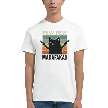 "Pew Pew Madafakas" – Funny Cat T-Shirt – Retro Meme Gun Cat Tee – Sarcastic Graphic Shirt Unisex (White) - MildPrint.store