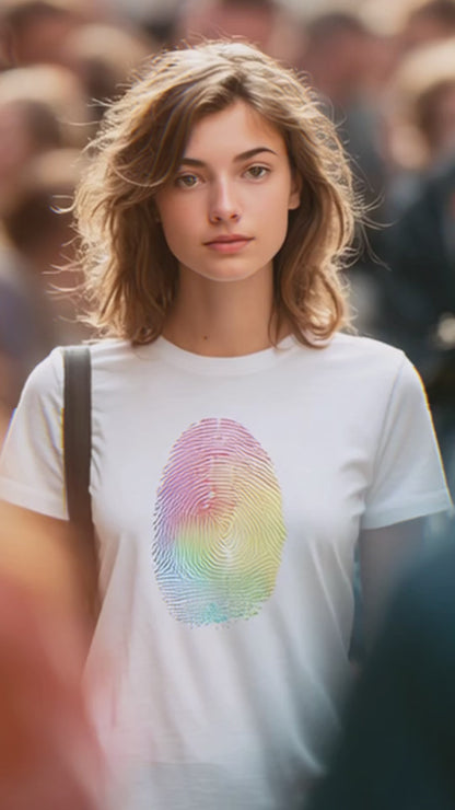 "Proud Identity" – Rainbow Fingerprint & Barcode T-Shirt – Double-Sided Pride Tee (White)