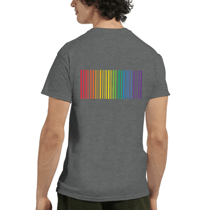 "Proud Identity" – Rainbow Fingerprint & Barcode T-Shirt – Double - Sided Pride Tee (Graphite Heather) - MildPrint.store