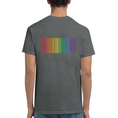 "Proud Identity" – Rainbow Fingerprint & Barcode T-Shirt – Double - Sided Pride Tee (Graphite Heather) - MildPrint.store