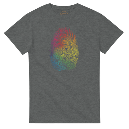 "Proud Identity" – Rainbow Fingerprint & Barcode T-Shirt – Double - Sided Pride Tee (Graphite Heather) - MildPrint.store