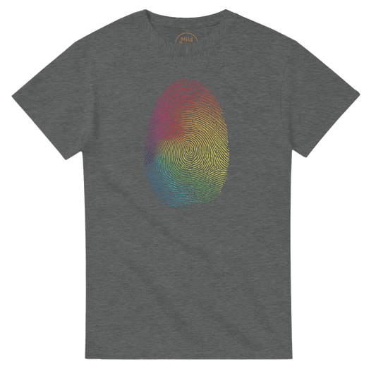 "Proud Identity" – Rainbow Fingerprint & Barcode T-Shirt – Double - Sided Pride Tee (Graphite Heather) - MildPrint.store