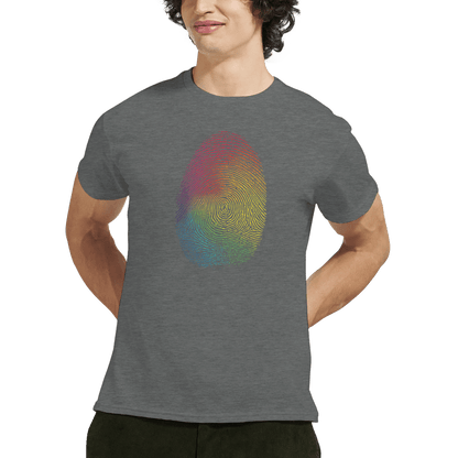 "Proud Identity" – Rainbow Fingerprint & Barcode T-Shirt – Double - Sided Pride Tee (Graphite Heather) - MildPrint.store