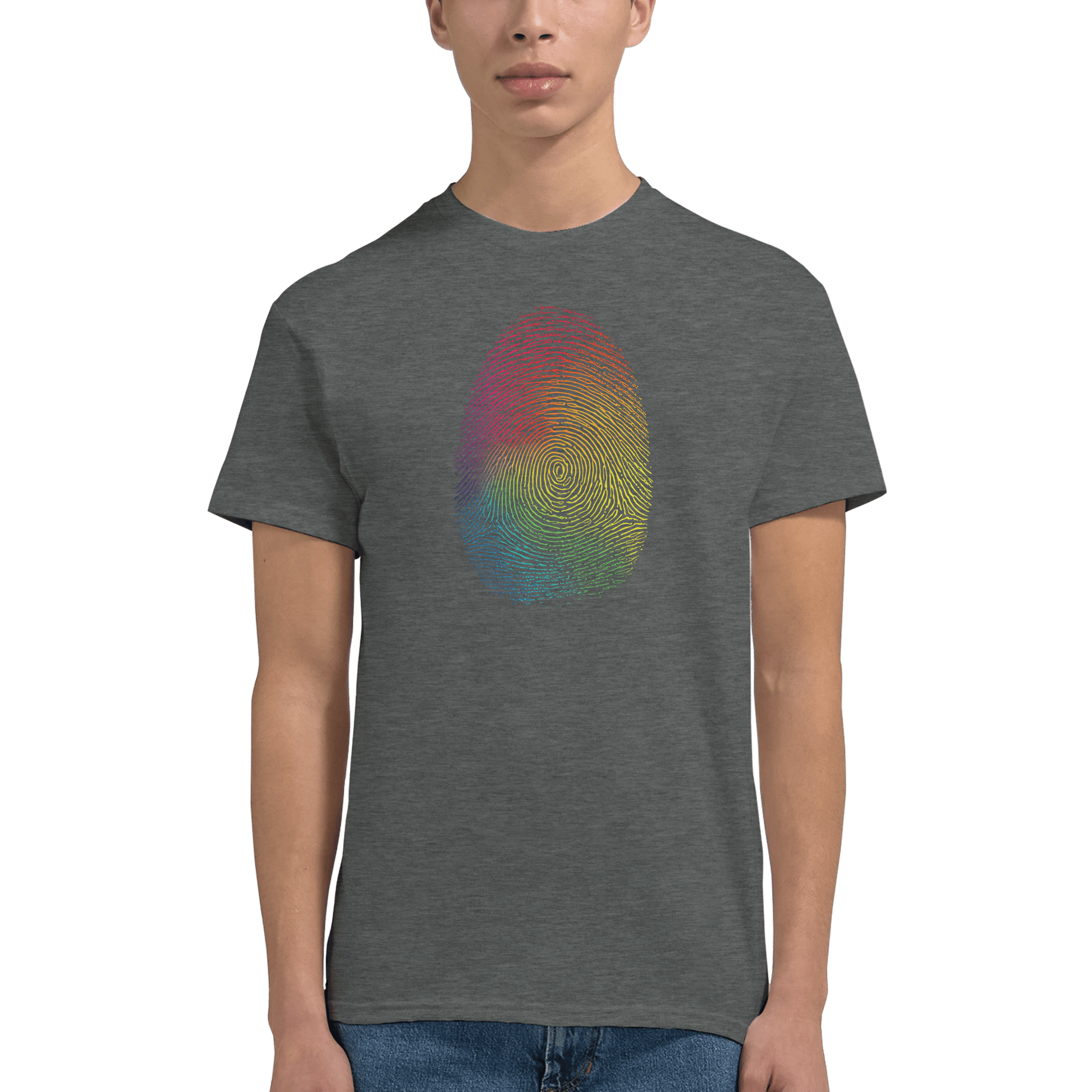 "Proud Identity" – Rainbow Fingerprint & Barcode T-Shirt – Double - Sided Pride Tee (Graphite Heather) - MildPrint.store