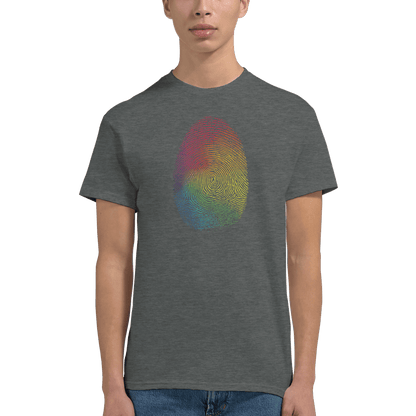 "Proud Identity" – Rainbow Fingerprint & Barcode T-Shirt – Double - Sided Pride Tee (Graphite Heather) - MildPrint.store