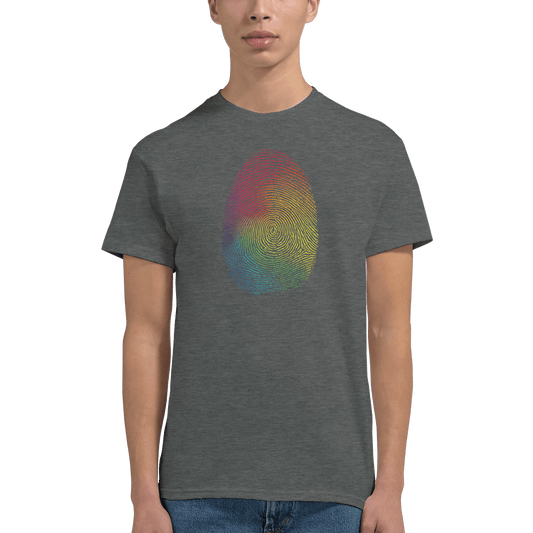 "Proud Identity" – Rainbow Fingerprint & Barcode T-Shirt – Double - Sided Pride Tee (Graphite Heather) - MildPrint.store