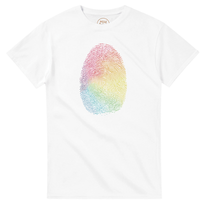 "Proud Identity" – Rainbow Fingerprint & Barcode T-Shirt – Double - Sided Pride Tee (White) - MildPrint.store