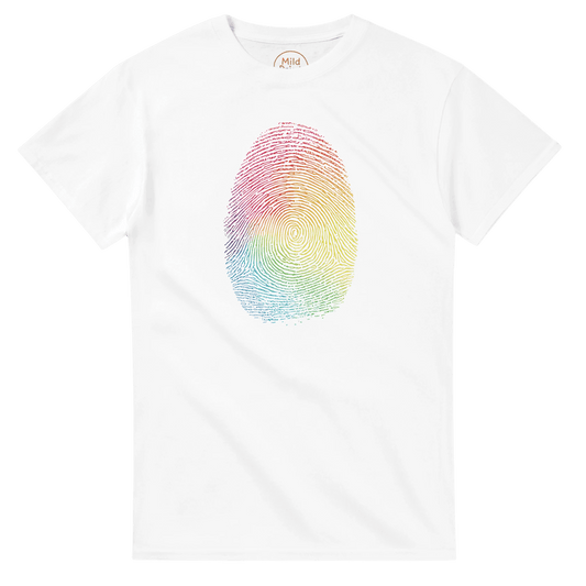 "Proud Identity" – Rainbow Fingerprint & Barcode T-Shirt – Double - Sided Pride Tee (White) - MildPrint.store
