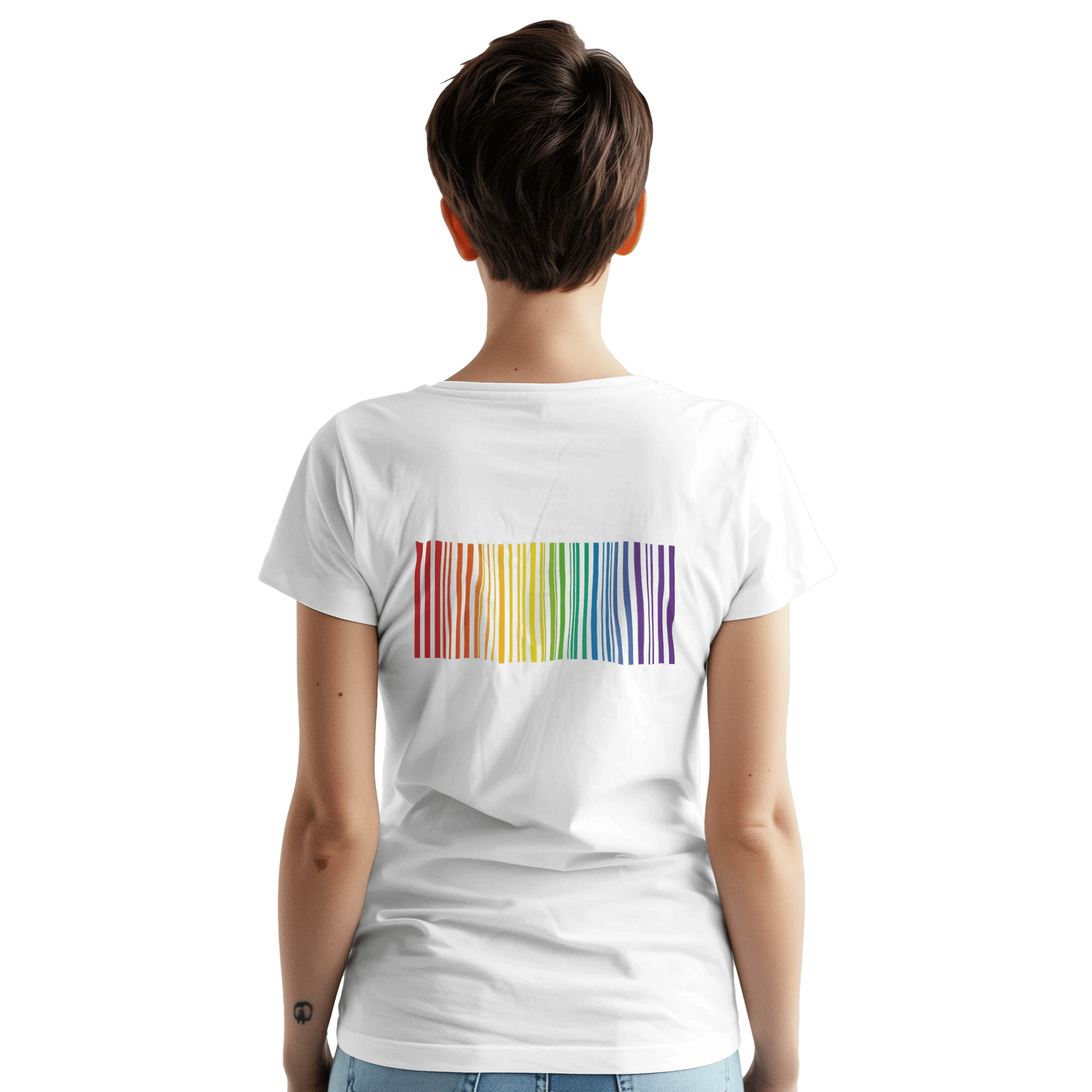 "Proud Identity" – Rainbow Fingerprint & Barcode T-Shirt – Double - Sided Pride Tee (White) - MildPrint.store