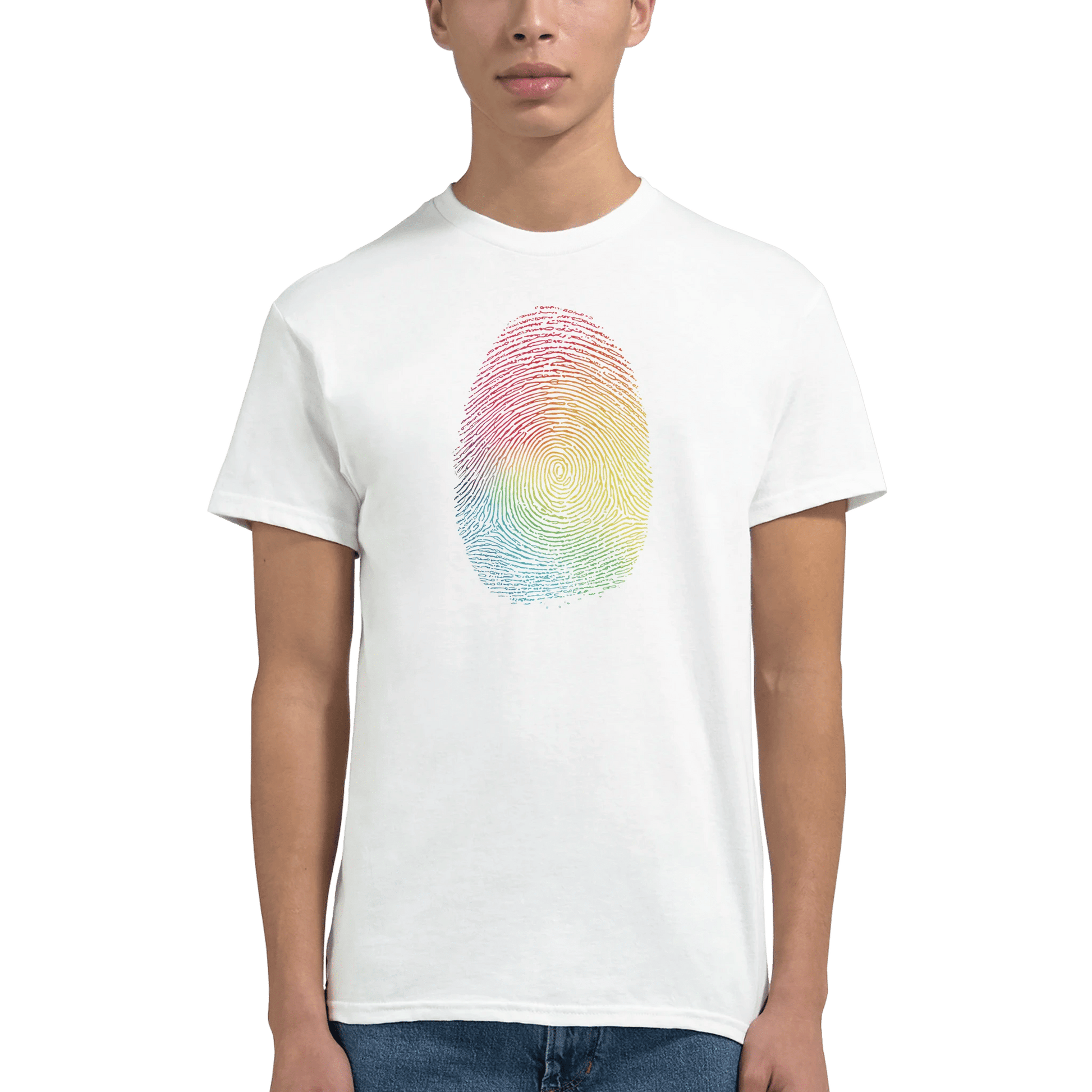 "Proud Identity" – Rainbow Fingerprint & Barcode T-Shirt – Double - Sided Pride Tee (White) - MildPrint.store