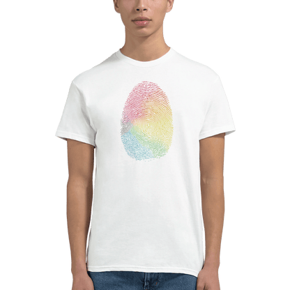 "Proud Identity" – Rainbow Fingerprint & Barcode T-Shirt – Double - Sided Pride Tee (White) - MildPrint.store