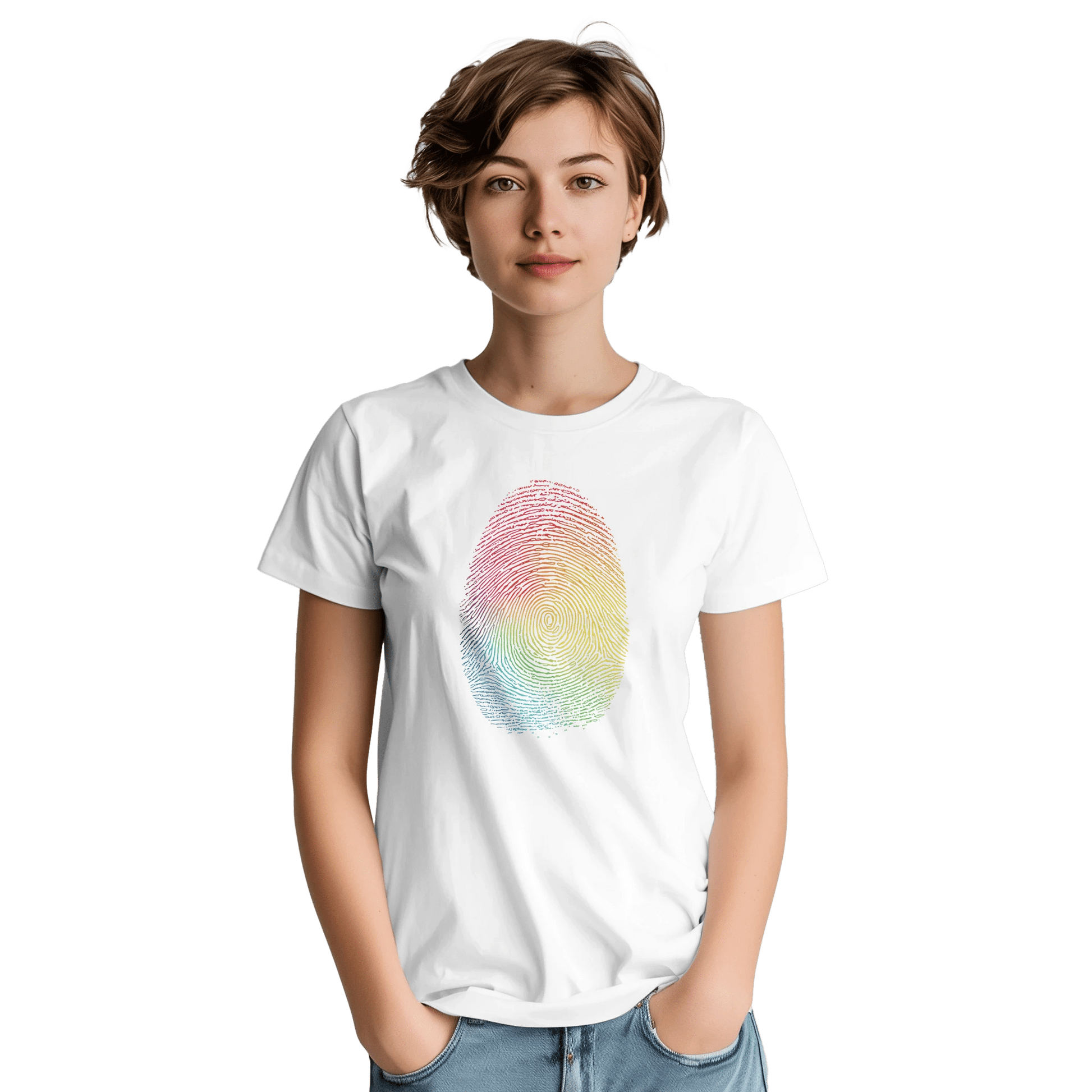 "Proud Identity" – Rainbow Fingerprint & Barcode T-Shirt – Double - Sided Pride Tee (White) - MildPrint.store