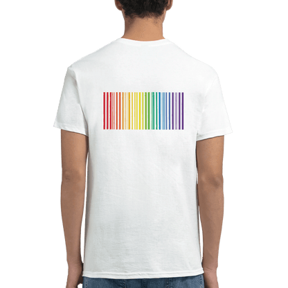 "Proud Identity" – Rainbow Fingerprint & Barcode T-Shirt – Double - Sided Pride Tee (White) - MildPrint.store