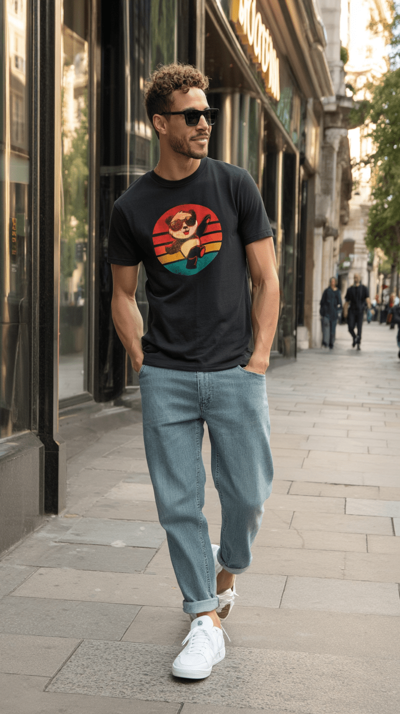 "Retro Disco Panda" – Funny Dancing Panda T-Shirt – Vintage Sunset Graphic Tee (Black) - MildPrint.store