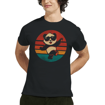 "Retro Disco Panda" – Funny Dancing Panda T-Shirt – Vintage Sunset Graphic Tee (Black) - MildPrint.store