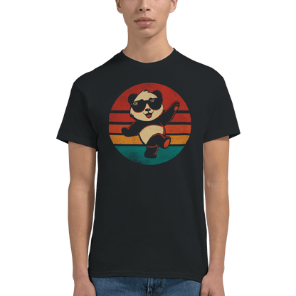 "Retro Disco Panda" – Funny Dancing Panda T-Shirt – Vintage Sunset Graphic Tee (Black) - MildPrint.store