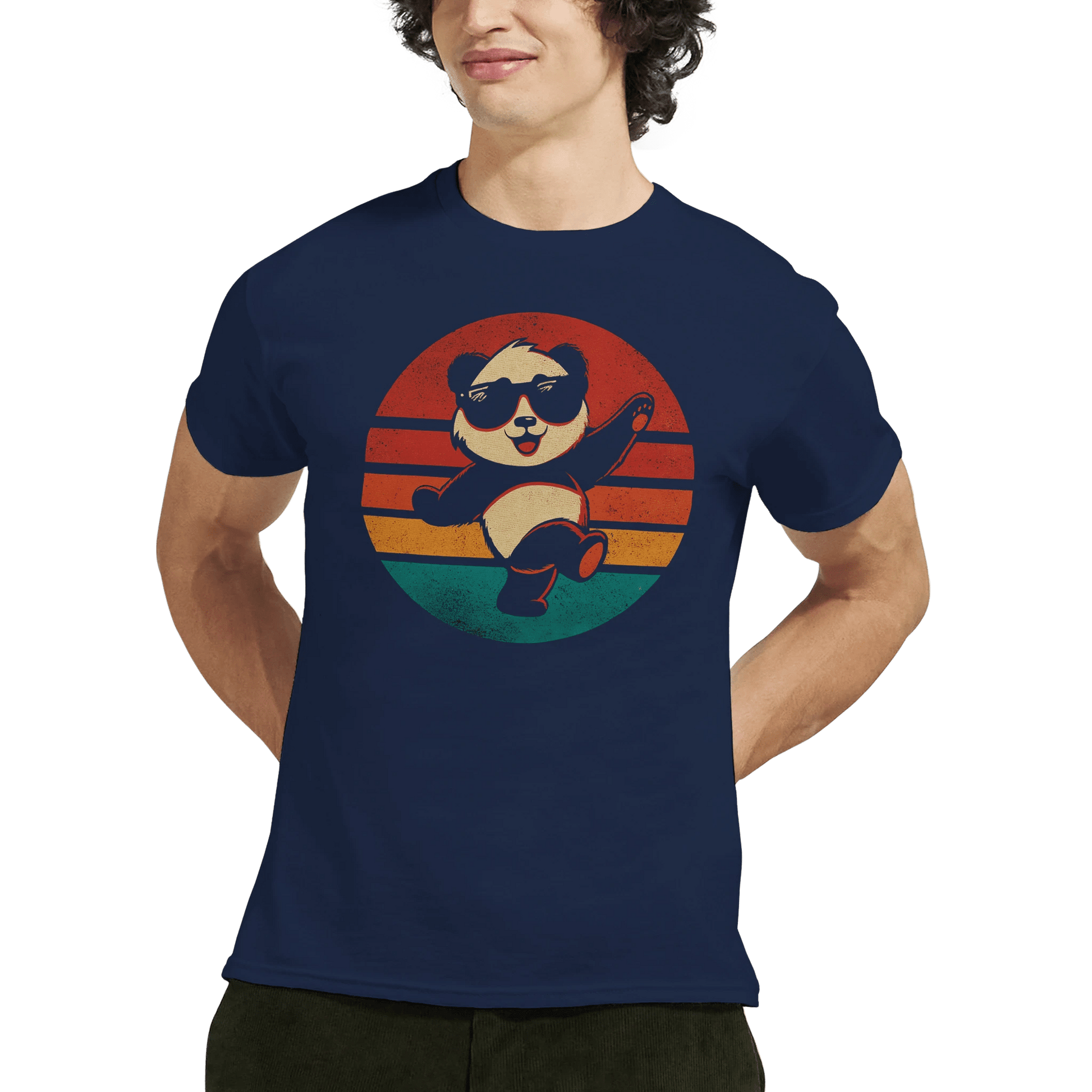 "Retro Disco Panda" – Funny Dancing Panda T-Shirt – Vintage Sunset Graphic Tee (Navy) - MildPrint.store