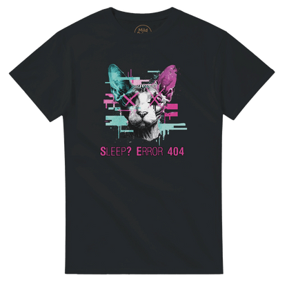 "Sleep? Error 404" – Glitch Cat T-Shirt – Cyberpunk Sphynx Meme Shirt – Funny Unisex Techwear Tee (Black) - MildPrint.store