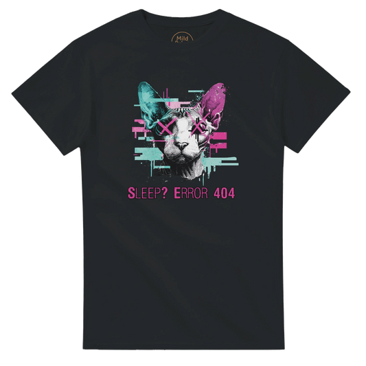 "Sleep? Error 404" – Glitch Cat T-Shirt – Cyberpunk Sphynx Meme Shirt – Funny Unisex Techwear Tee (Black) - MildPrint.store