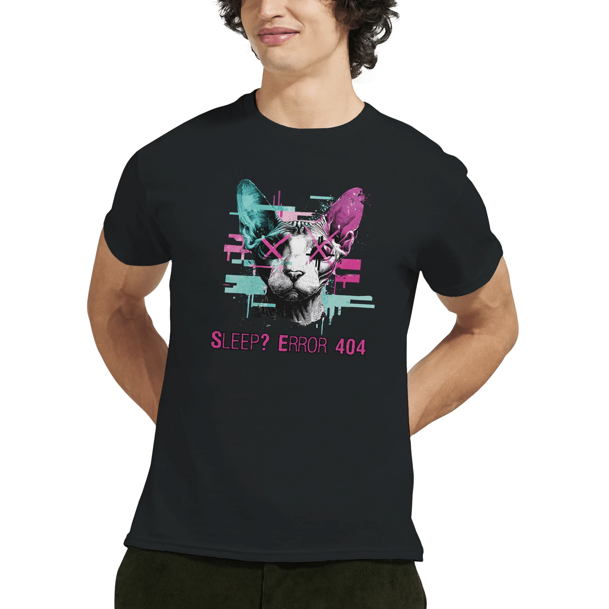 "Sleep? Error 404" – Glitch Cat T-Shirt – Cyberpunk Sphynx Meme Shirt – Funny Unisex Techwear Tee (Black) - MildPrint.store