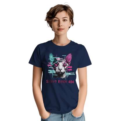 "Sleep? Error 404" – Glitch Cat T-Shirt – Cyberpunk Sphynx Meme Shirt – Funny Unisex Techwear Tee (Navy) - MildPrint.store