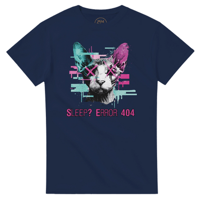 "Sleep? Error 404" – Glitch Cat T-Shirt – Cyberpunk Sphynx Meme Shirt – Funny Unisex Techwear Tee (Navy) - MildPrint.store