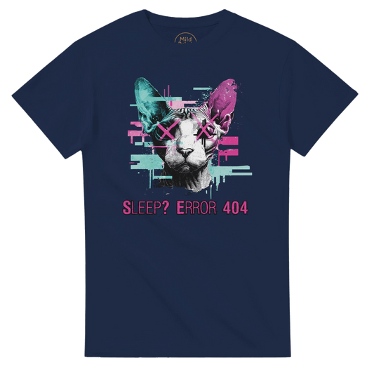 "Sleep? Error 404" – Glitch Cat T-Shirt – Cyberpunk Sphynx Meme Shirt – Funny Unisex Techwear Tee (Navy) - MildPrint.store