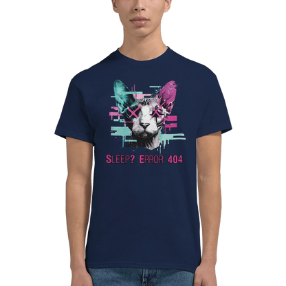 "Sleep? Error 404" – Glitch Cat T-Shirt – Cyberpunk Sphynx Meme Shirt – Funny Unisex Techwear Tee (Navy) - MildPrint.store