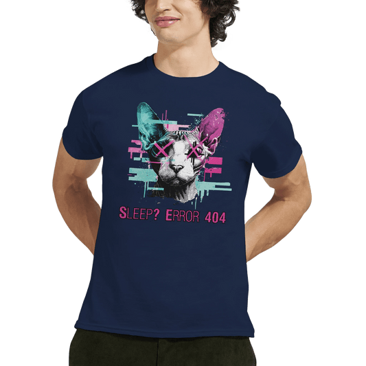 "Sleep? Error 404" – Glitch Cat T-Shirt – Cyberpunk Sphynx Meme Shirt – Funny Unisex Techwear Tee (Navy) - MildPrint.store