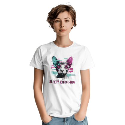 "Sleep? Error 404" – Glitch Cat T-Shirt – Cyberpunk Sphynx Meme Shirt – Funny Unisex Techwear Tee (White) - MildPrint.store
