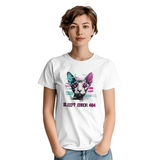 "Sleep? Error 404" – Glitch Cat T-Shirt – Cyberpunk Sphynx Meme Shirt – Funny Unisex Techwear Tee (White) - MildPrint.store