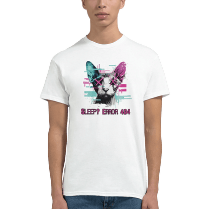 "Sleep? Error 404" – Glitch Cat T-Shirt – Cyberpunk Sphynx Meme Shirt – Funny Unisex Techwear Tee (White) - MildPrint.store
