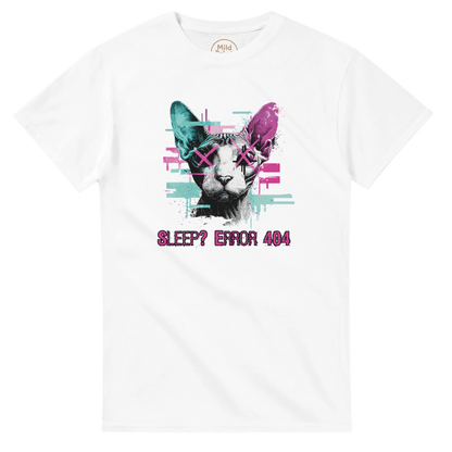 "Sleep? Error 404" – Glitch Cat T-Shirt – Cyberpunk Sphynx Meme Shirt – Funny Unisex Techwear Tee (White) - MildPrint.store