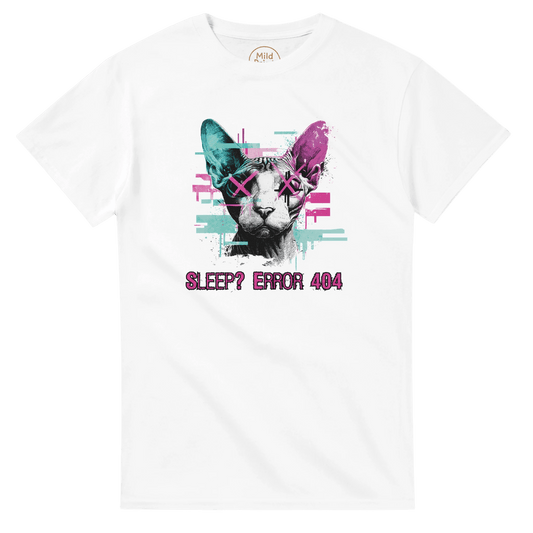 "Sleep? Error 404" – Glitch Cat T-Shirt – Cyberpunk Sphynx Meme Shirt – Funny Unisex Techwear Tee (White) - MildPrint.store