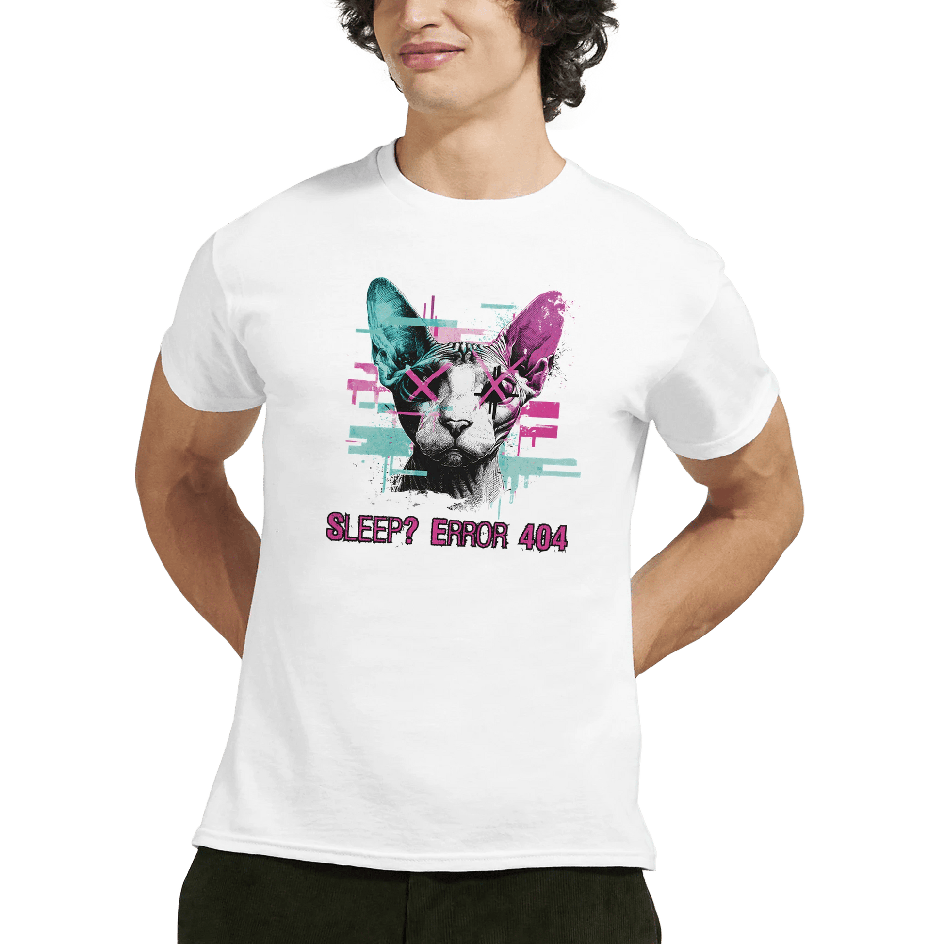 "Sleep? Error 404" – Glitch Cat T-Shirt – Cyberpunk Sphynx Meme Shirt – Funny Unisex Techwear Tee (White) - MildPrint.store