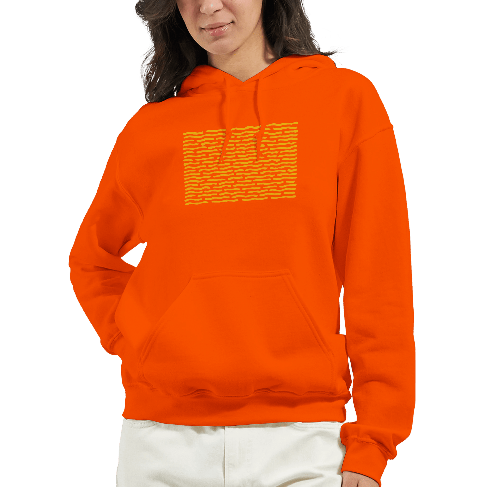 "Solar Code" – Orange Hoodie with Abstract Yellow Pattern - MildPrint.store