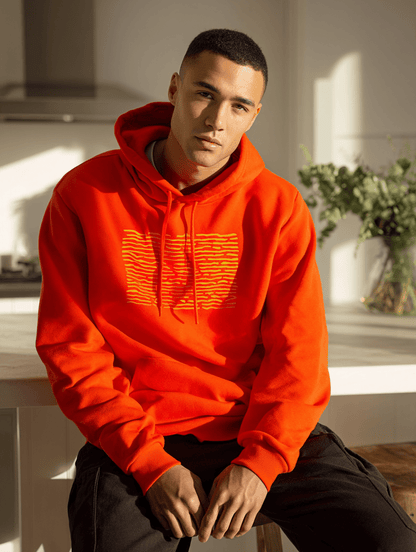 "Solar Code" – Orange Hoodie with Abstract Yellow Pattern - MildPrint.store