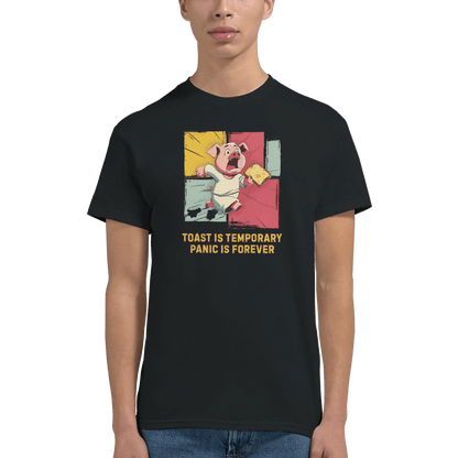 "Toast & Terror" – Funny Pig T-Shirt – Breakfast Anxiety Tee – Cartoon Unisex Graphic Shirt (Black) - MildPrint.store