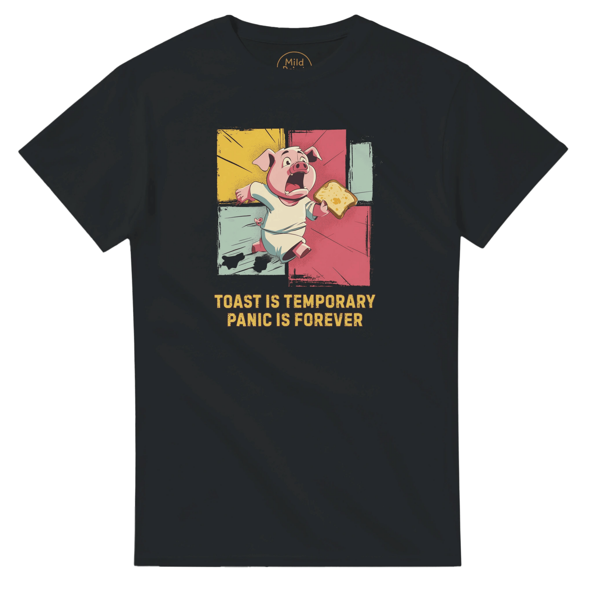 "Toast & Terror" – Funny Pig T-Shirt – Breakfast Anxiety Tee – Cartoon Unisex Graphic Shirt (Black) - MildPrint.store