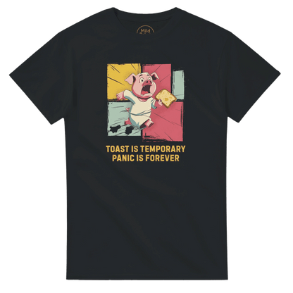 "Toast & Terror" – Funny Pig T-Shirt – Breakfast Anxiety Tee – Cartoon Unisex Graphic Shirt (Black) - MildPrint.store