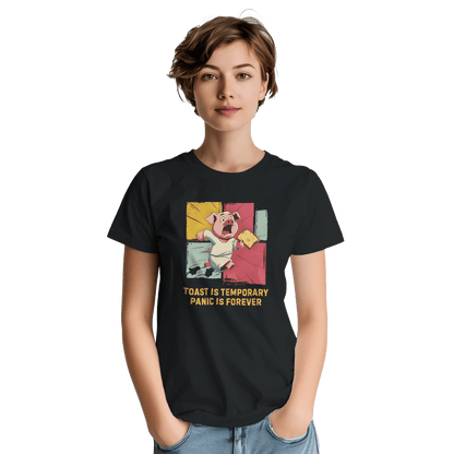 "Toast & Terror" – Funny Pig T-Shirt – Breakfast Anxiety Tee – Cartoon Unisex Graphic Shirt (Black) - MildPrint.store
