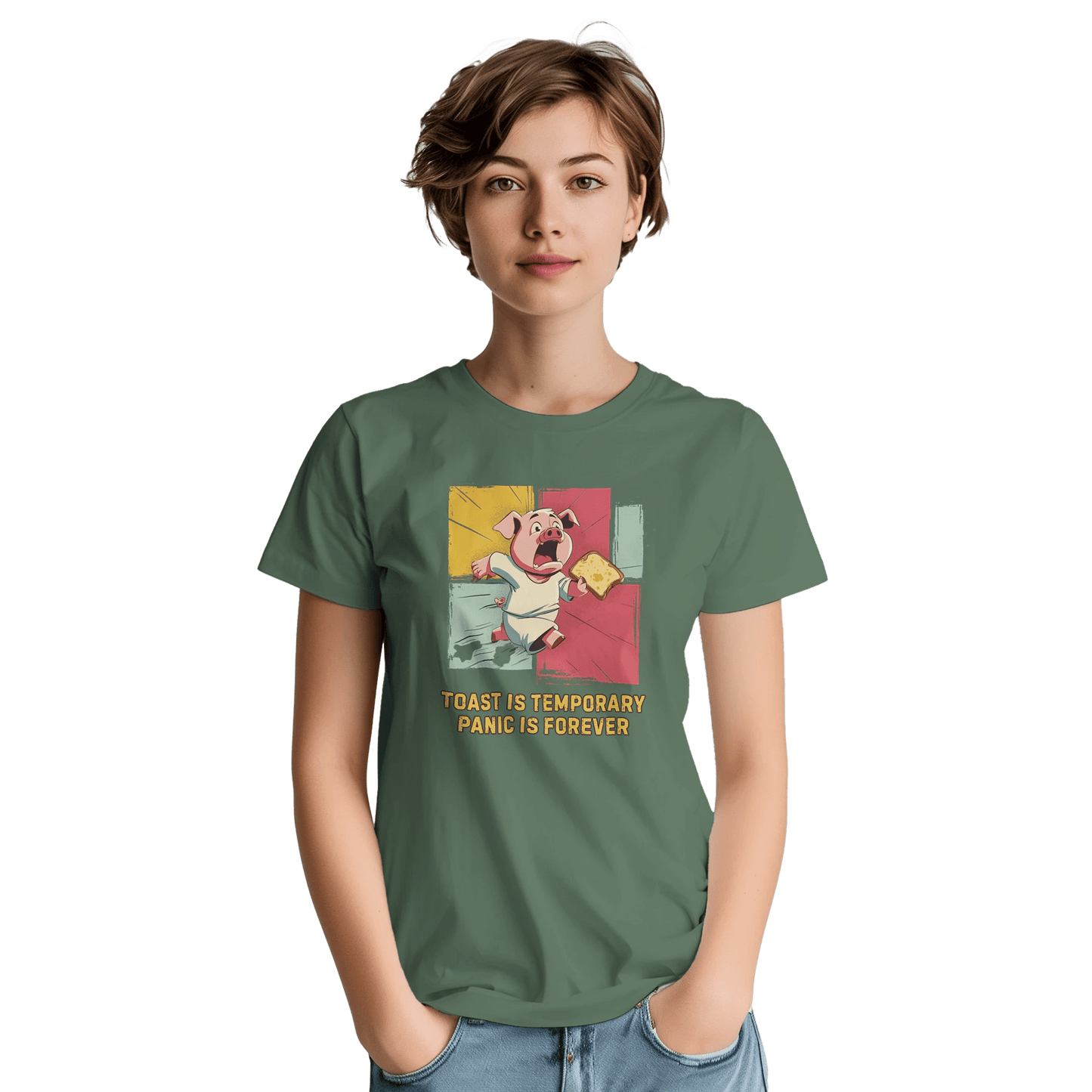 "Toast & Terror" – Funny Pig T-Shirt – Breakfast Anxiety Tee – Cartoon Unisex Graphic Shirt (Military Green) - MildPrint.store