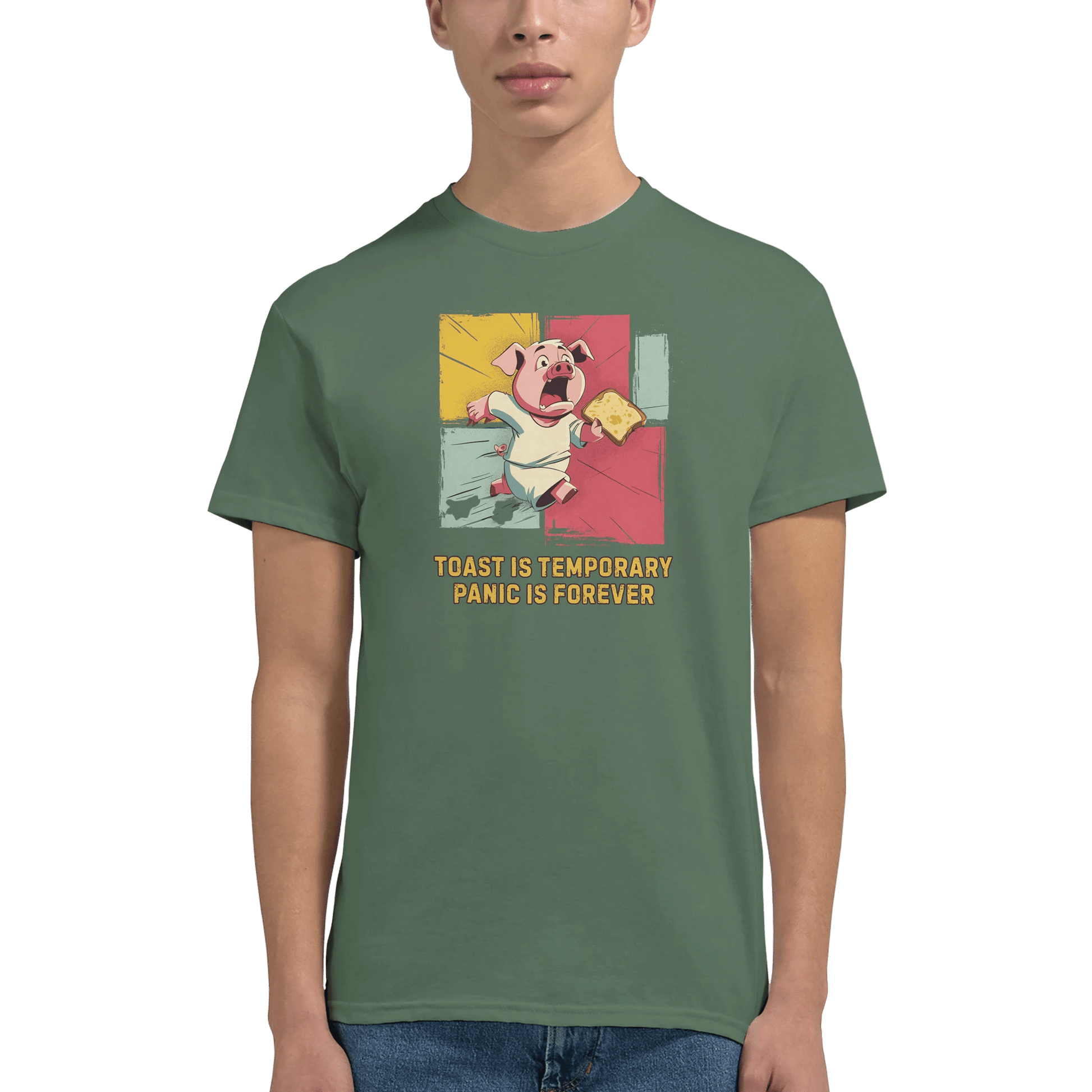 "Toast & Terror" – Funny Pig T-Shirt – Breakfast Anxiety Tee – Cartoon Unisex Graphic Shirt (Military Green) - MildPrint.store