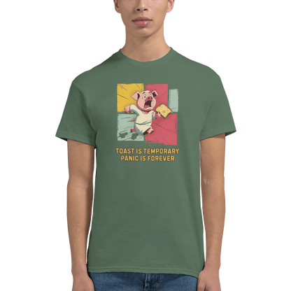 "Toast & Terror" – Funny Pig T-Shirt – Breakfast Anxiety Tee – Cartoon Unisex Graphic Shirt (Military Green) - MildPrint.store