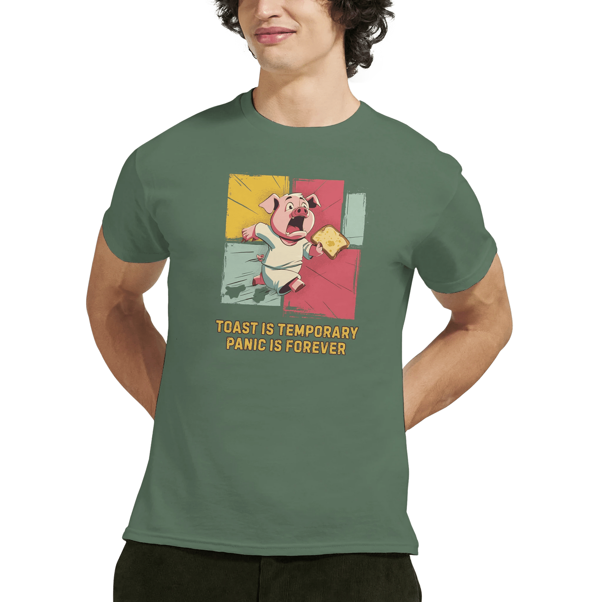 "Toast & Terror" – Funny Pig T-Shirt – Breakfast Anxiety Tee – Cartoon Unisex Graphic Shirt (Military Green) - MildPrint.store