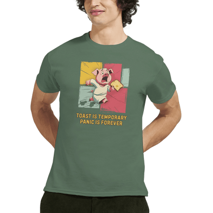 "Toast & Terror" – Funny Pig T-Shirt – Breakfast Anxiety Tee – Cartoon Unisex Graphic Shirt (Military Green) - MildPrint.store