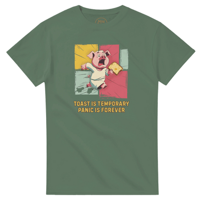 "Toast & Terror" – Funny Pig T-Shirt – Breakfast Anxiety Tee – Cartoon Unisex Graphic Shirt (Military Green) - MildPrint.store